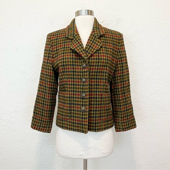 Vintage Jackets & Blazers - Vintage 90s Y2K Houndstooth Blazer Jacket Green Burgundy 3/4 sleeve Academia 8